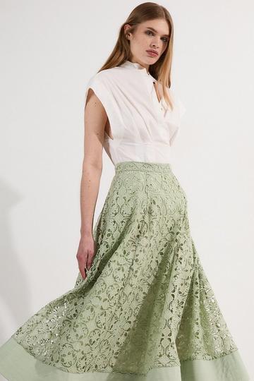 Cutwork Embroidery Woven Midi Prom Skirt sage