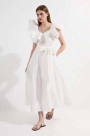 Cotton Poplin Structured Ruffle Tie Belt Woven Midi Dress ivory
