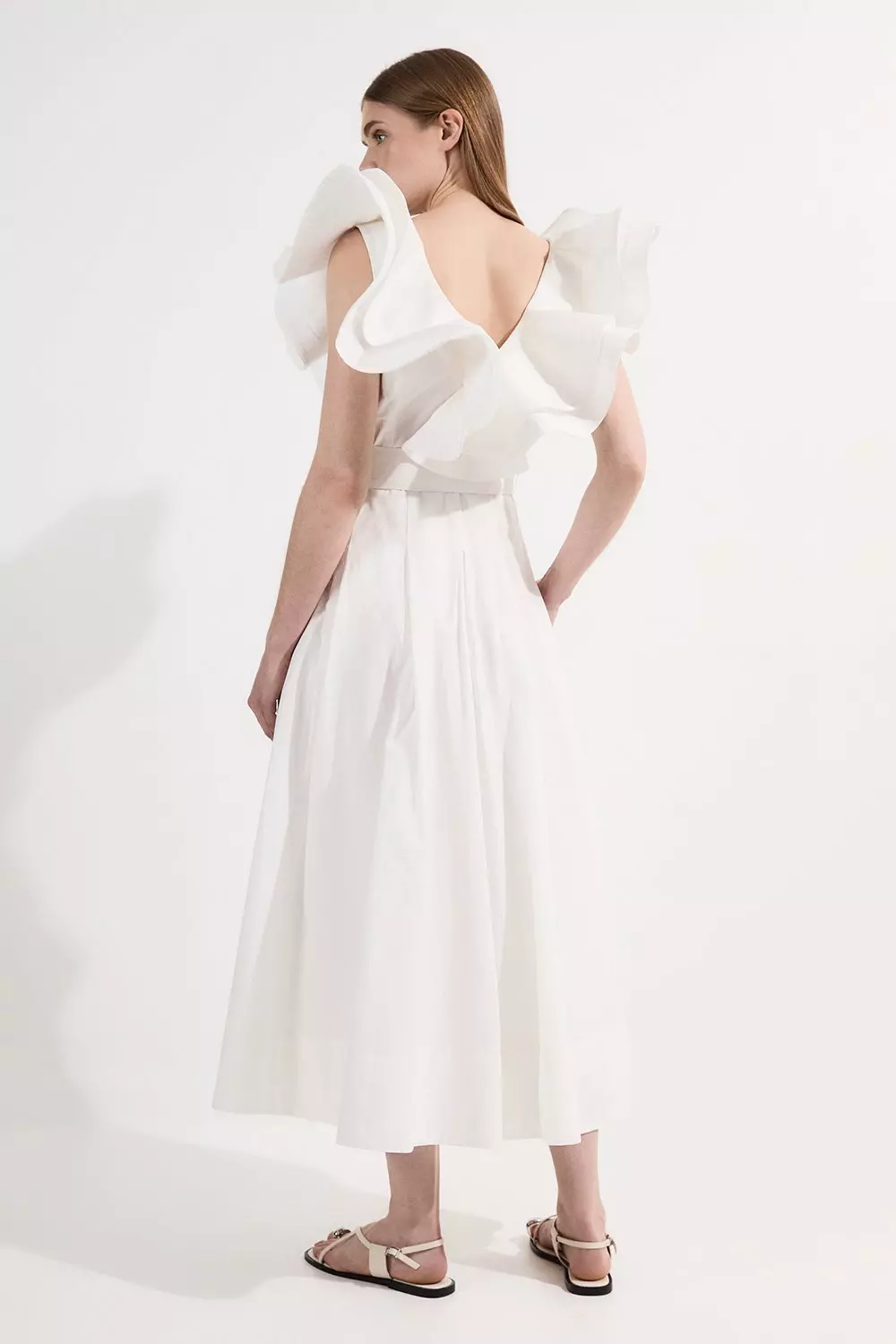 Cotton Poplin Structured Ruffle Tie Belt Woven Midi Dress