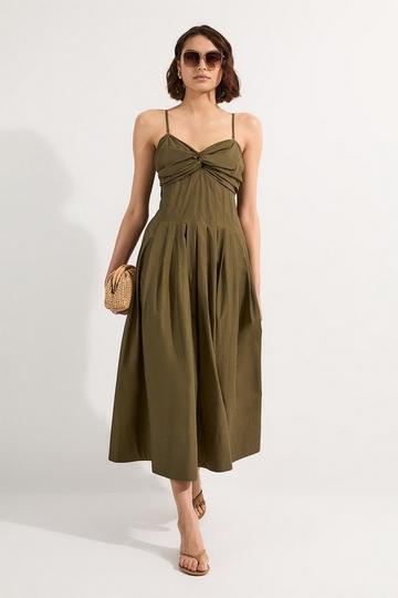 Cotton Poplin Maxi Strapless Sundress With Bow Tie At Back khaki