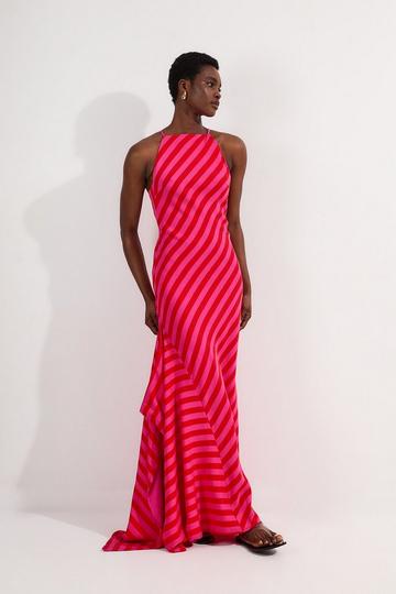 Pink Petite Fluid Stripe Cotton Mix Woven Midi Halter Dress