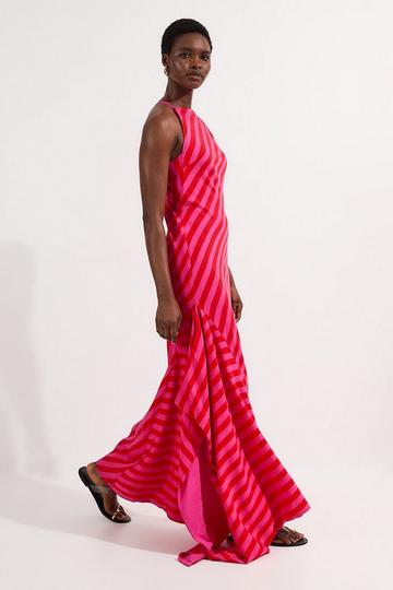 Fluid Stripe Cotton Mix Woven Midi Halter Dress pink