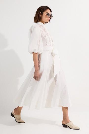 White Poplin Cutwork Ruffle Trim Balloon Sleeve Woven Shirt Dress