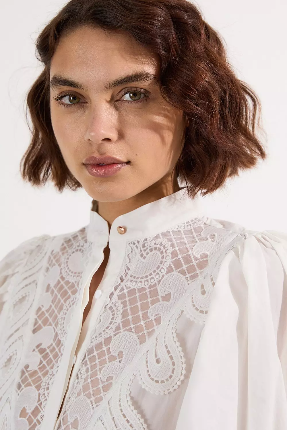 Poplin Cutwork Ruffle Trim Balloon Sleeve Woven Shirt Dress