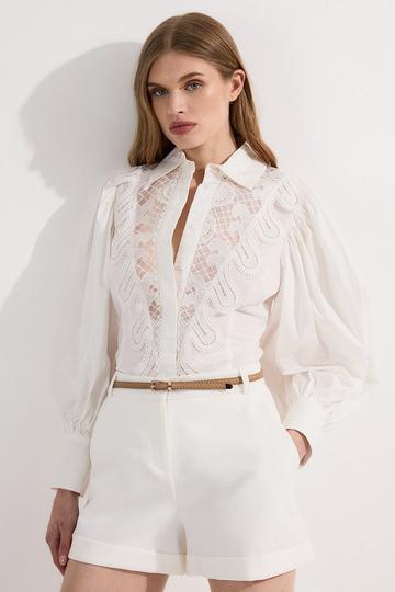 Poplin Cutwork Ruffle Trim Balloon Sleeve Woven Shirt white