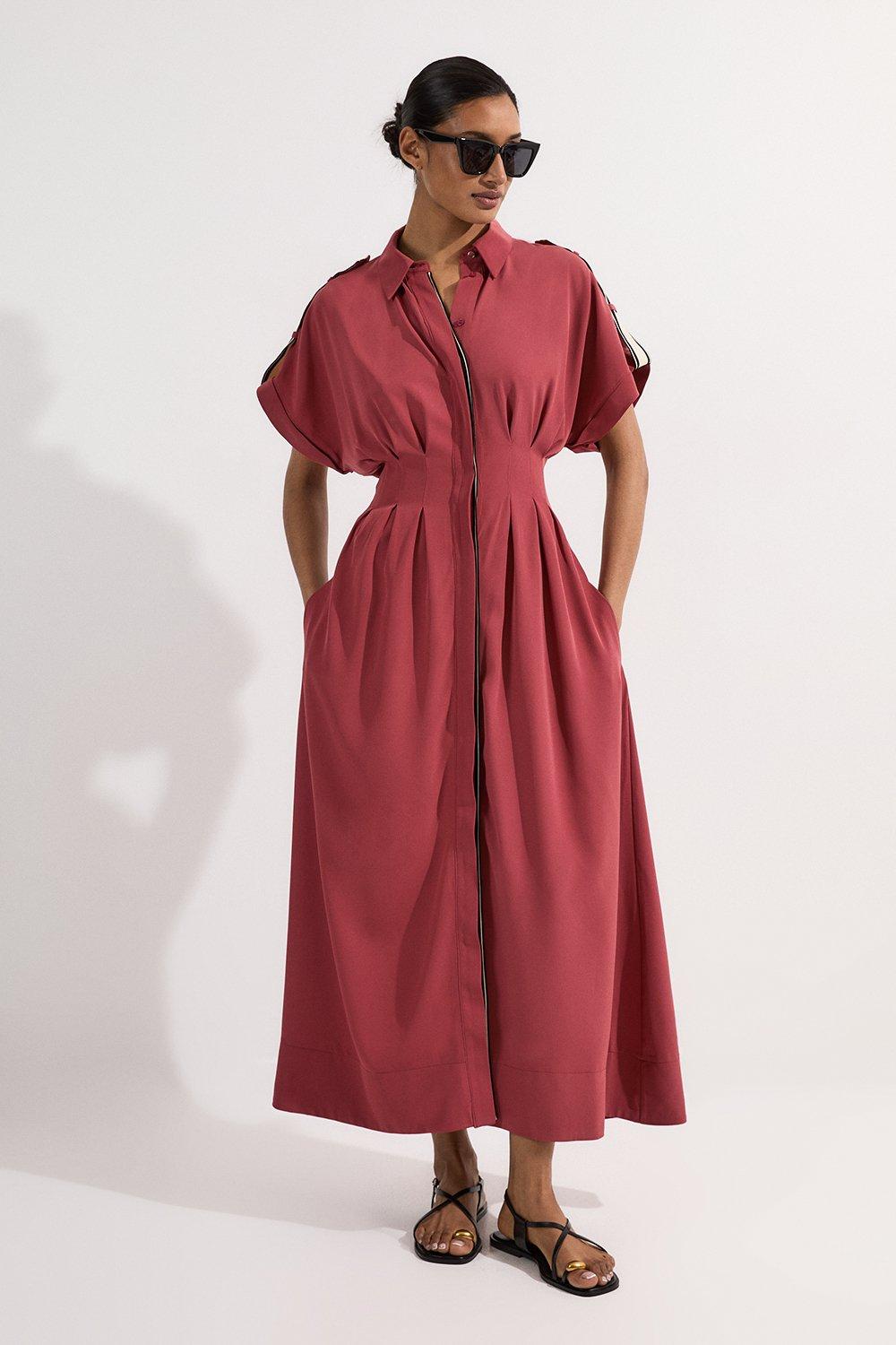【KAREN MILLEN】ストライプトリム付きクレープ織りシャツドレス KAREN MILLEN Striped Cutwork Midi Shirt Dress in Mono | endource