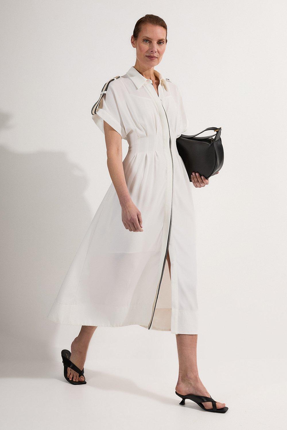 【KAREN MILLEN】ストライプトリム付きクレープ織りシャツドレス Organdie Mono Stripe Woven Belted Shirt Dress | Karen Millen