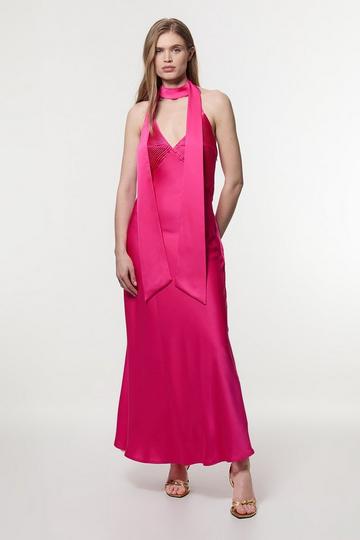 Halter Pleated Woven Maxi Dress hot pink