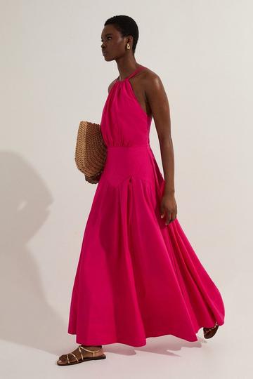 Pink Cotton Halter Neck Woven Midi Dress With Dropped Waist Detail