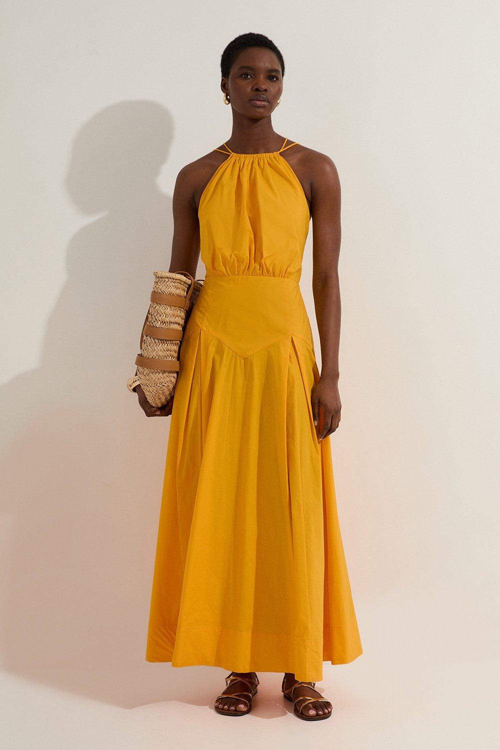 【KAREN MILLEN】コットン ホルターネック織り ミディ ドレス Cotton Woven Shirred Tiered Midi Dress | Karen Millen