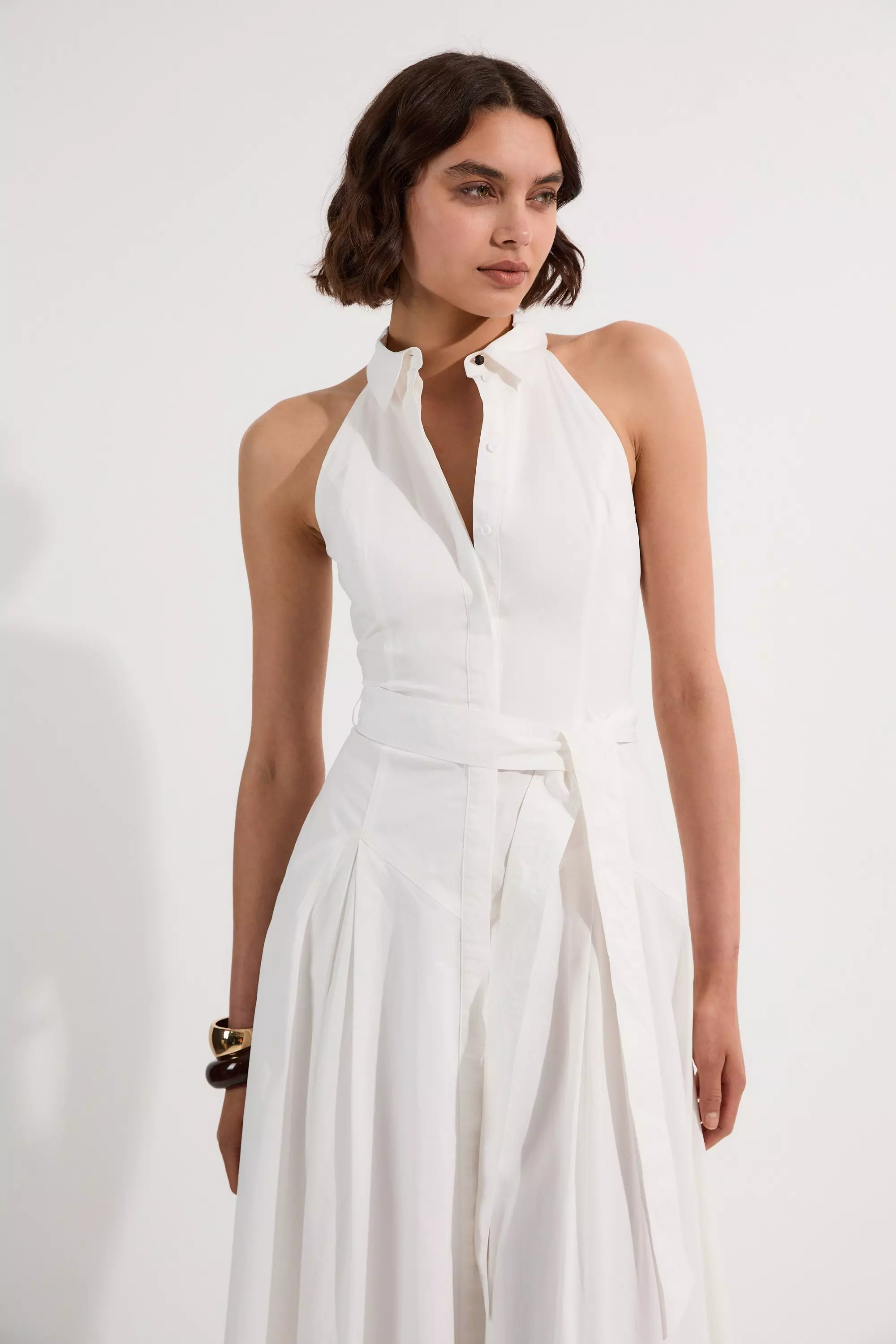KAREN MILLEN 日本未入荷 ノースリーブ ベルト付シャツドレス 白 Tall Cotton Collared Halter Neck Woven Midi Shirt Dress With