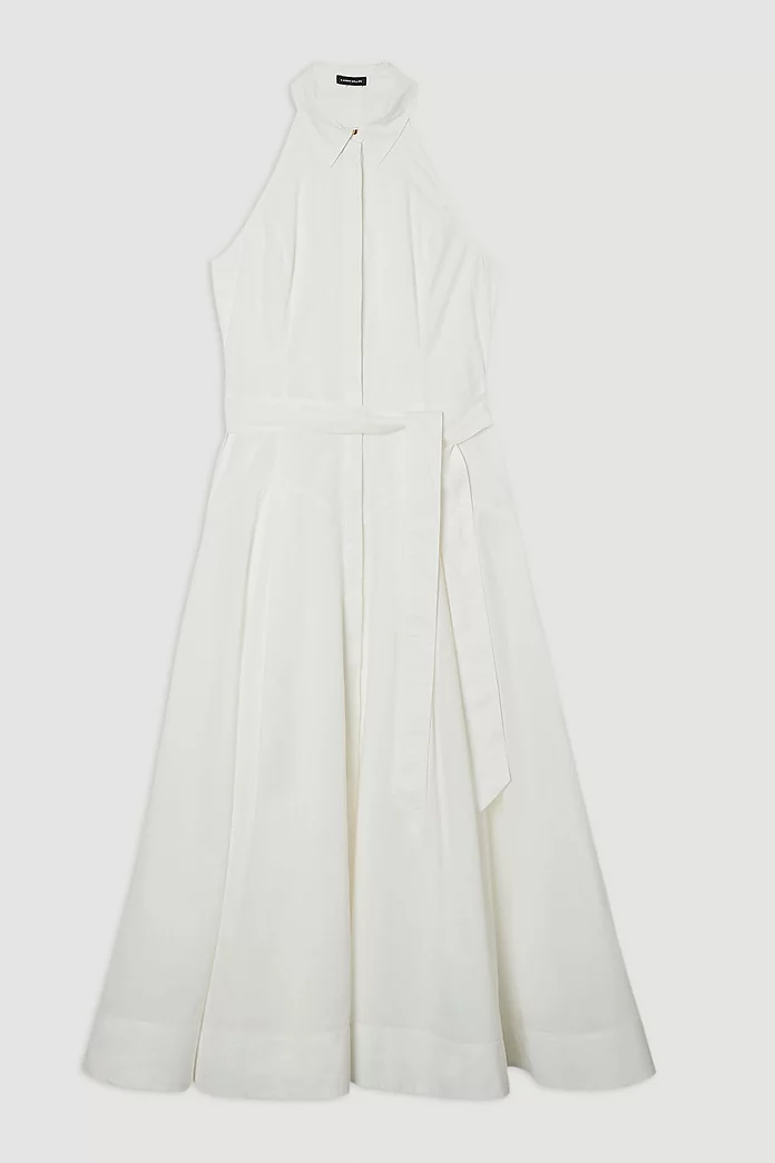 Tall Cotton Collared Halter Neck Woven Midi Shirt Dress With Tall Cotton Collared Halter Neck Woven Midi Shirt Dress With