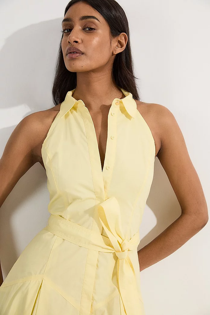 Cotton Collared Halter Neck Woven Midi Shirt Dress With Cotton Collared Halter Neck Woven Midi Shirt Dress With