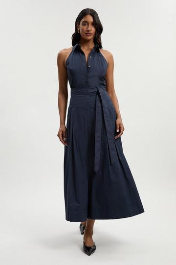 Cotton Collared Halter Neck Woven Midi Shirt Dress With Dropped Waist Detail navy
