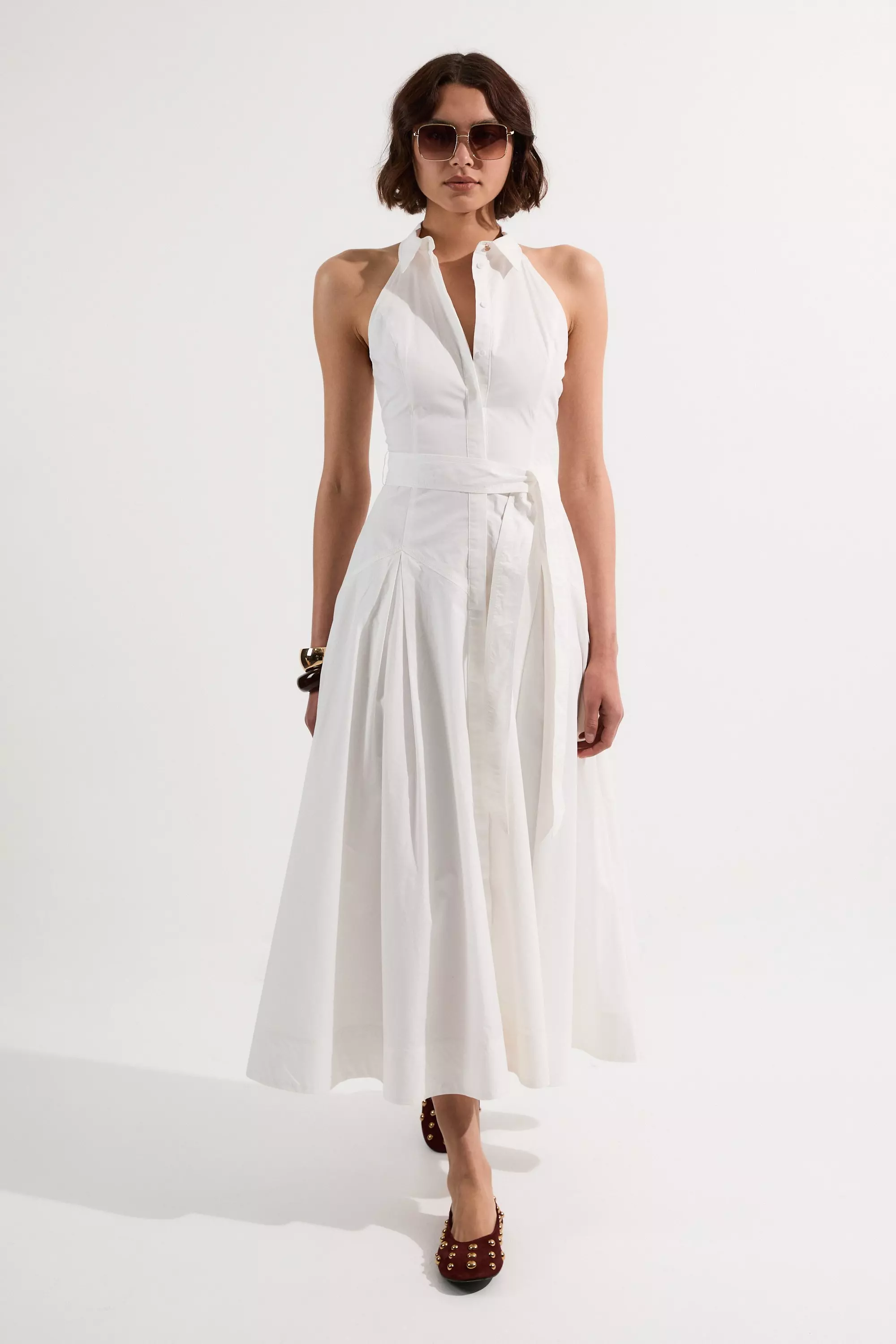 Cotton Collared Halter Neck Woven Midi Shirt Dress With