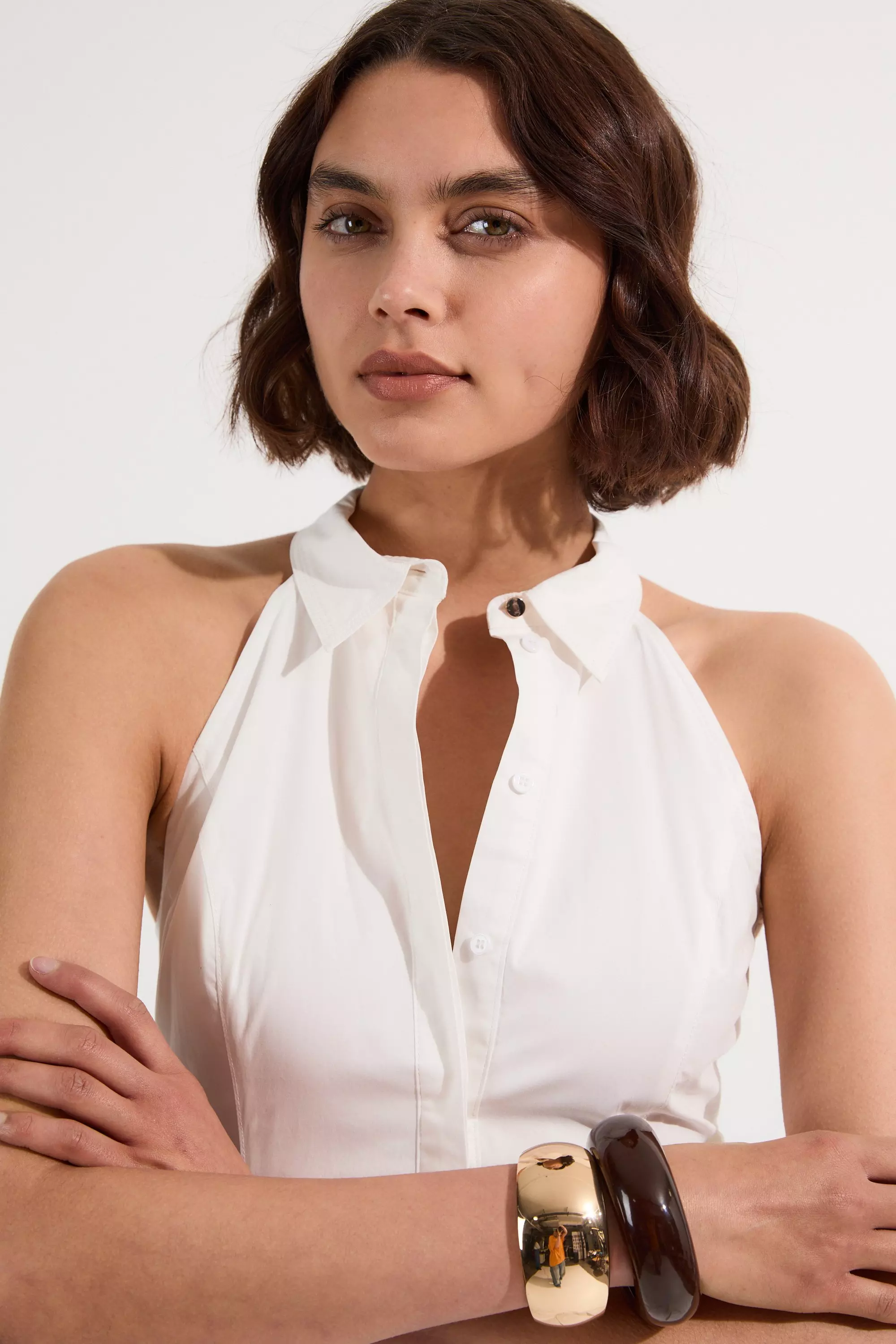 安心追跡【KAREN MILLEN】コットン ホルターネック シャツドレス Cotton Collared Halter Neck Woven Midi Shirt Dress With
