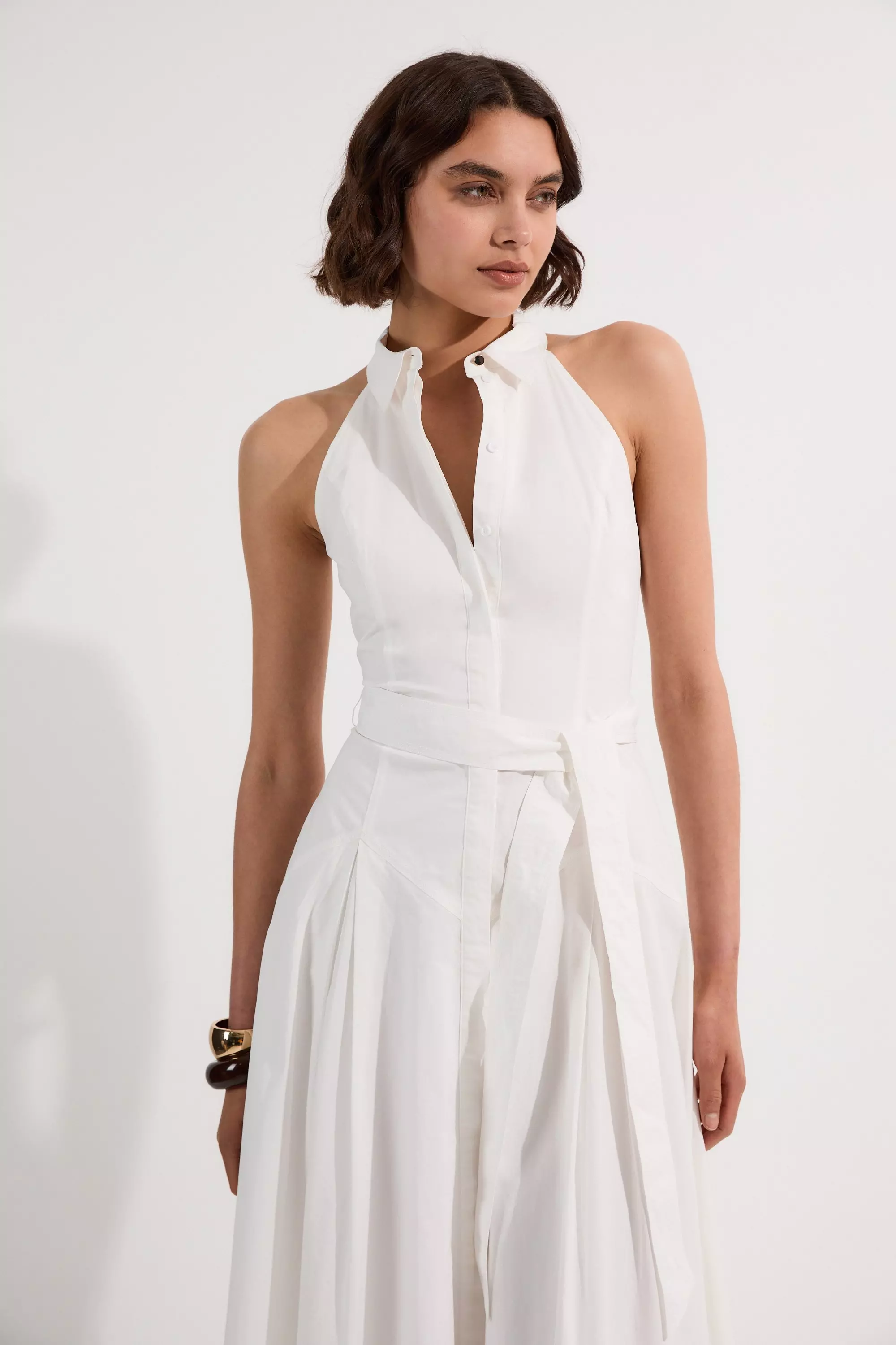 Cotton Collared Halter Neck Woven Midi Shirt Dress With