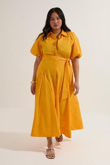 Plus Size Cotton Puff Sleeve Woven Midi Shirt Dress With Dropped Waist Detail mango