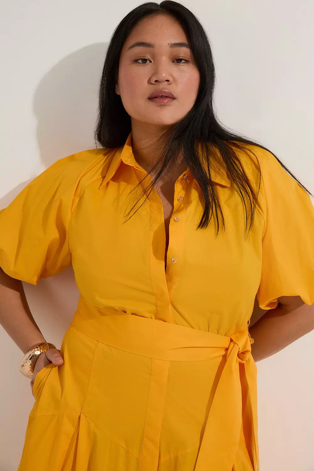 Plus Size Cotton Puff Sleeve Woven Midi Shirt Dress With
