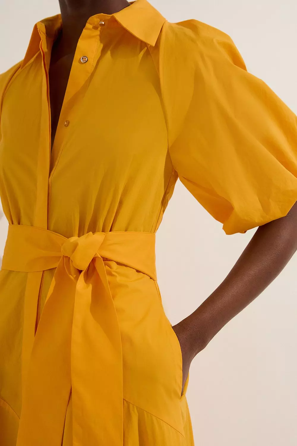 Petite Cotton Puff Sleeve Woven Midi Shirt Dress With