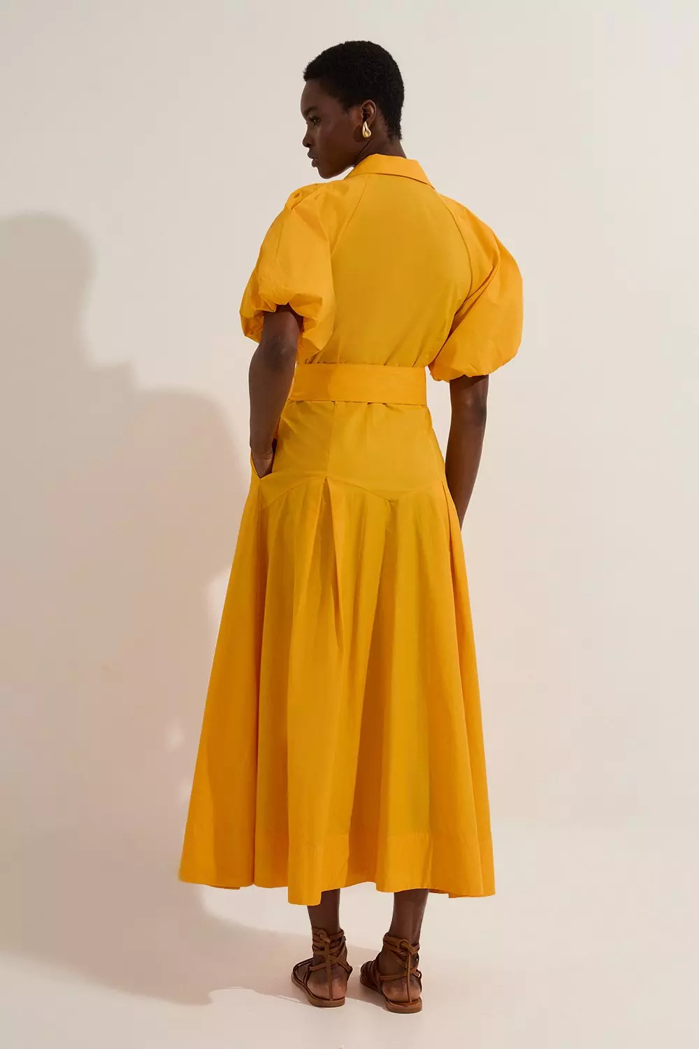 Petite Cotton Puff Sleeve Woven Midi Shirt Dress With