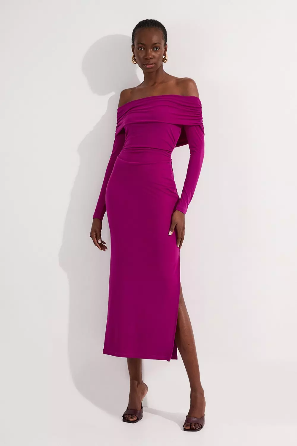 【Karen Millen】バルドー ドレープ ミディ ワンピース Tall Off The Shoulder Drapey Midi Dress | Karen Millen