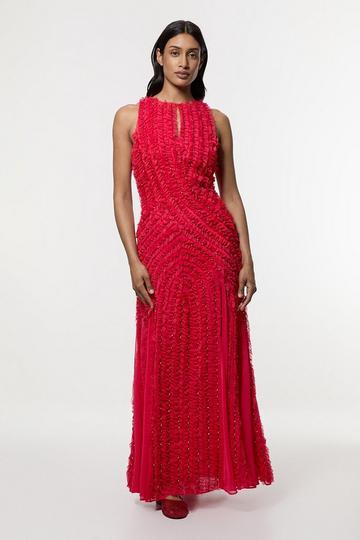 Embellished Ruffle Keyhole Cutout Woven Maxi Dress fuchsia