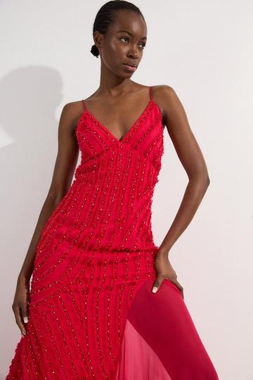 Embellished Ruffle Strappy Woven Maxi Dress fuchsia