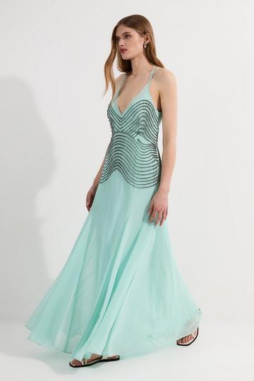 Blue Embellished Geo Strappy Woven Maxi Dress