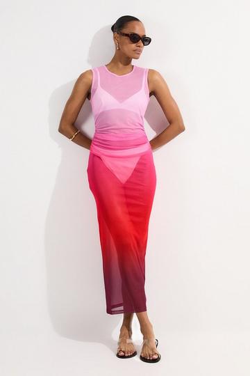 Ombre Mesh Ruched Beach Dress pink