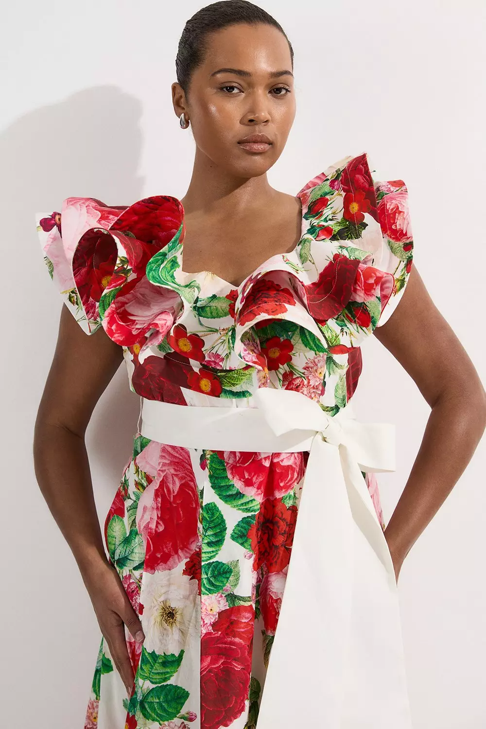 関送込【KAREN MILLEN】花柄ポプリンフリルタイベルトドレス Plus Size Floral Cotton Poplin Structure Ruffle Tie Belt