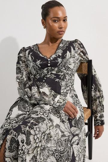 Plus Size Tile Silk Cotton Plunge Woven Maxi Dress mono