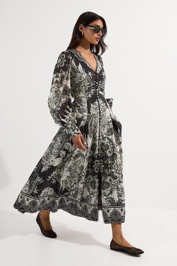 Tile Silk Cotton Plunge Woven Maxi Dress mono