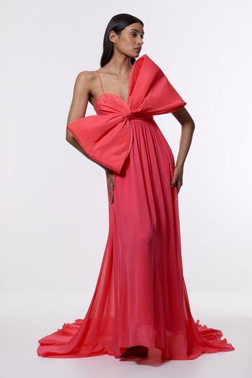 Taffeta Bow Detail Woven Maxi Dress hot pink
