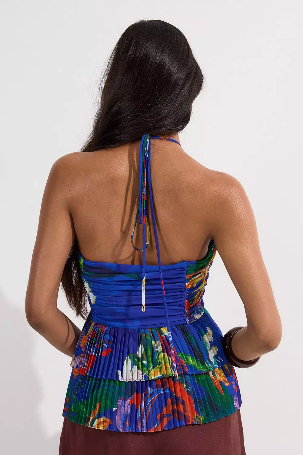 Tropical Georgette Crinkle Tiered Halterneck Top | Karen Millen