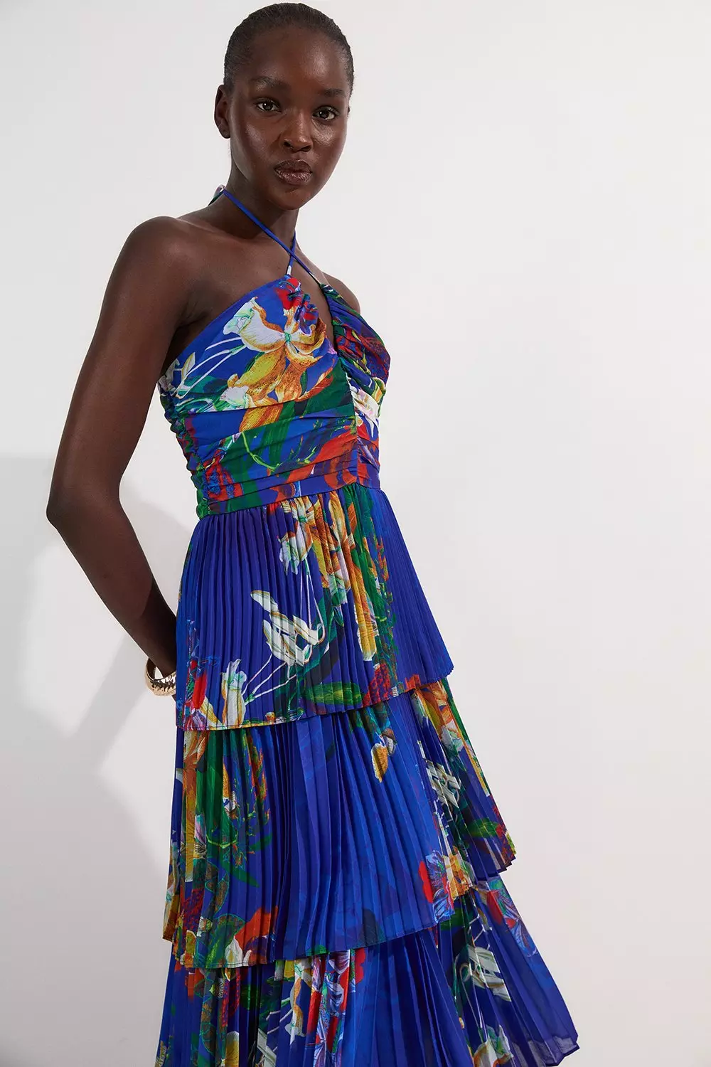 日本未入荷★Karen Millen 長袖タイトワンピース Tropical Georgette Crinkle Tiered Halterneck Midi Dress
