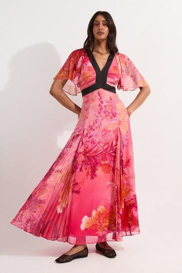 Pleated Floral Godet Panel Woven Midi Dress pink
