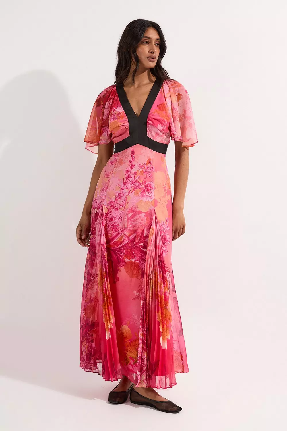 Karen Millen☆Pleated Floral Bodice ワンピース 2色【UK発】 Pleated Floral Bodice Detail Woven Maxi Dress | Karen Millen
