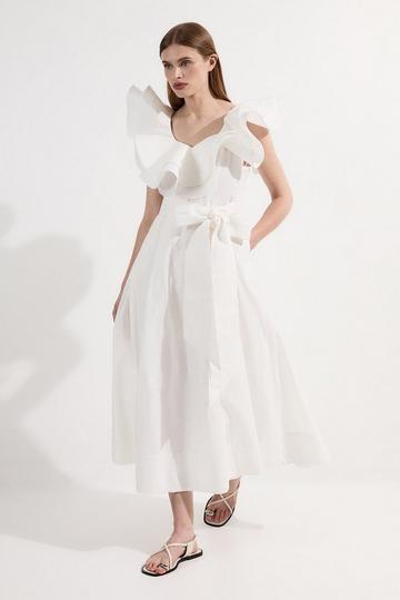 Petite Cotton Poplin Structured Ruffle Tie Belt Woven Midi Dress ivory