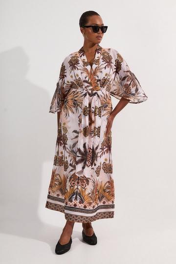 Plus Size Abstract Print Cotton Kimono Sleeve Woven Maxi Dress multi