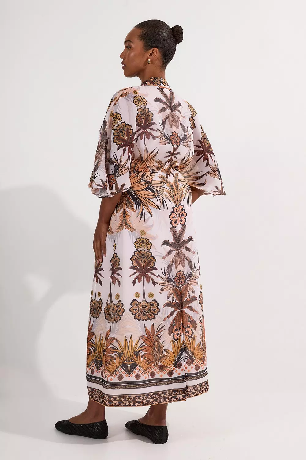 Plus Size Abstract Print Cotton Kimono Sleeve Woven Maxi