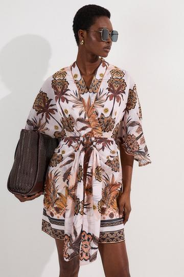 Petite Abstract Print Cotton Kimono Sleeve Woven Mini Dress multi