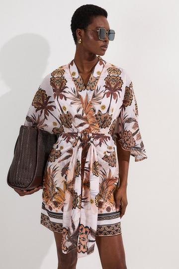 Abstract Print Cotton Kimono Sleeve Woven Mini Dress multi