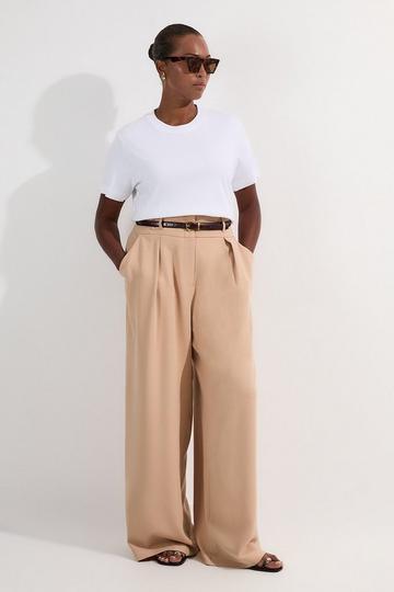 Plus Size Compact Stretch Essential Tailored High Waist Wide Leg Trouser camel