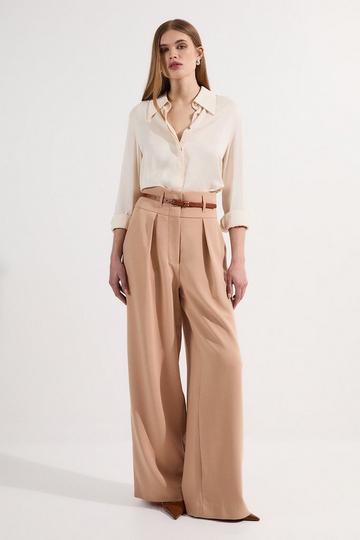 Petite Compact Stretch Essential Tailored High Waist Wide Leg Trouser camel