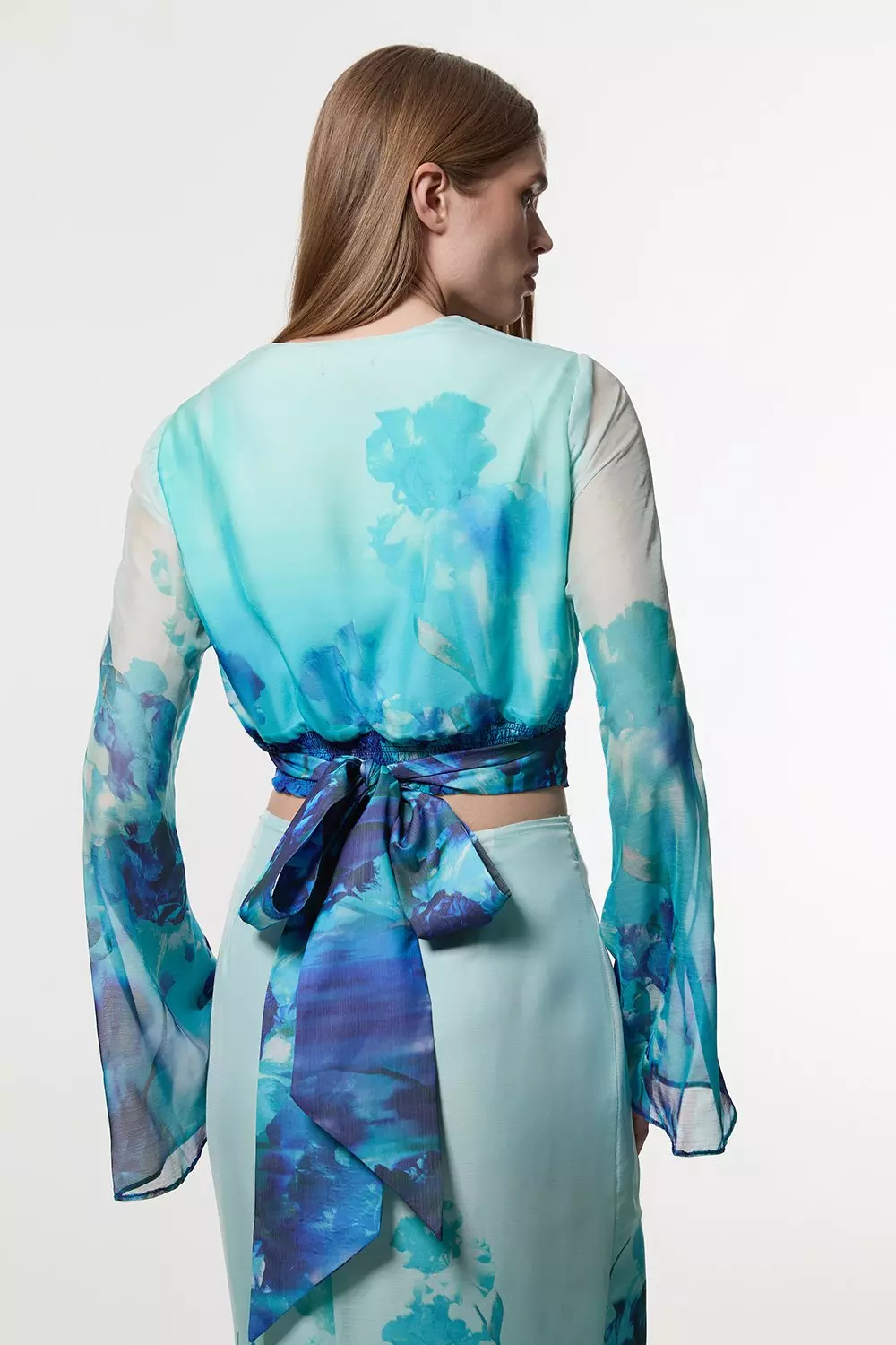 KAREN MILLEN 日本未入荷 ミ二ドレス 花柄 リネン シャツ ブルー Ombre Floral Cowl Front Woven Top | Karen Millen