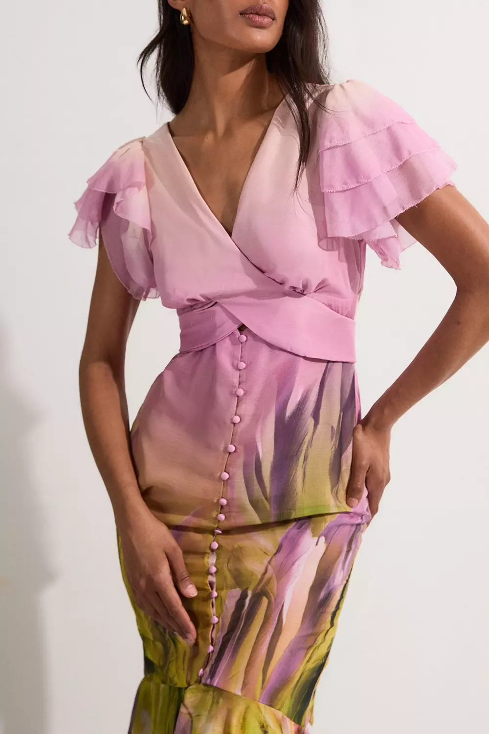 Ombre Floral Ruffle Sleeve Button Through Maxi Dress | Karen