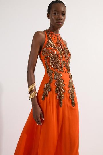 Orange Halter Neck Bugle Bead Detail Woven Maxi Dress