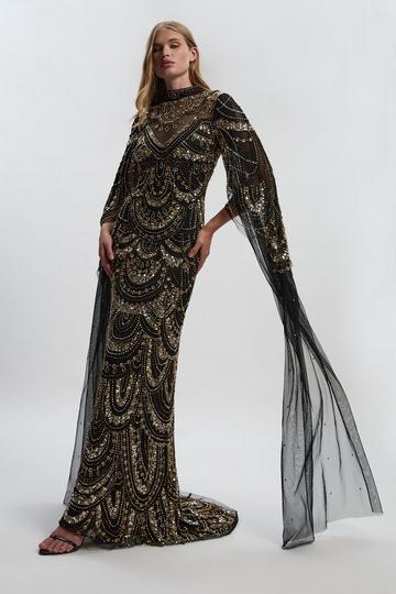 Black Premium Beaded Embellished Woven Midaxi Cape Dress