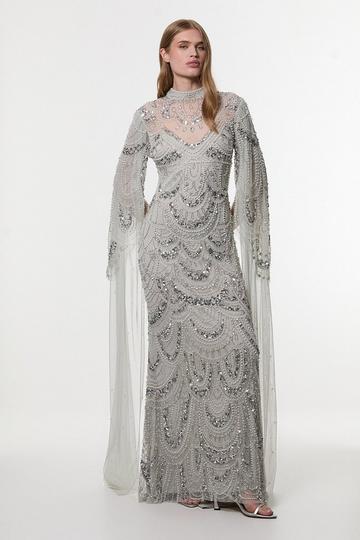 Premium Beaded Embellished Woven Midaxi Cape Dress silver